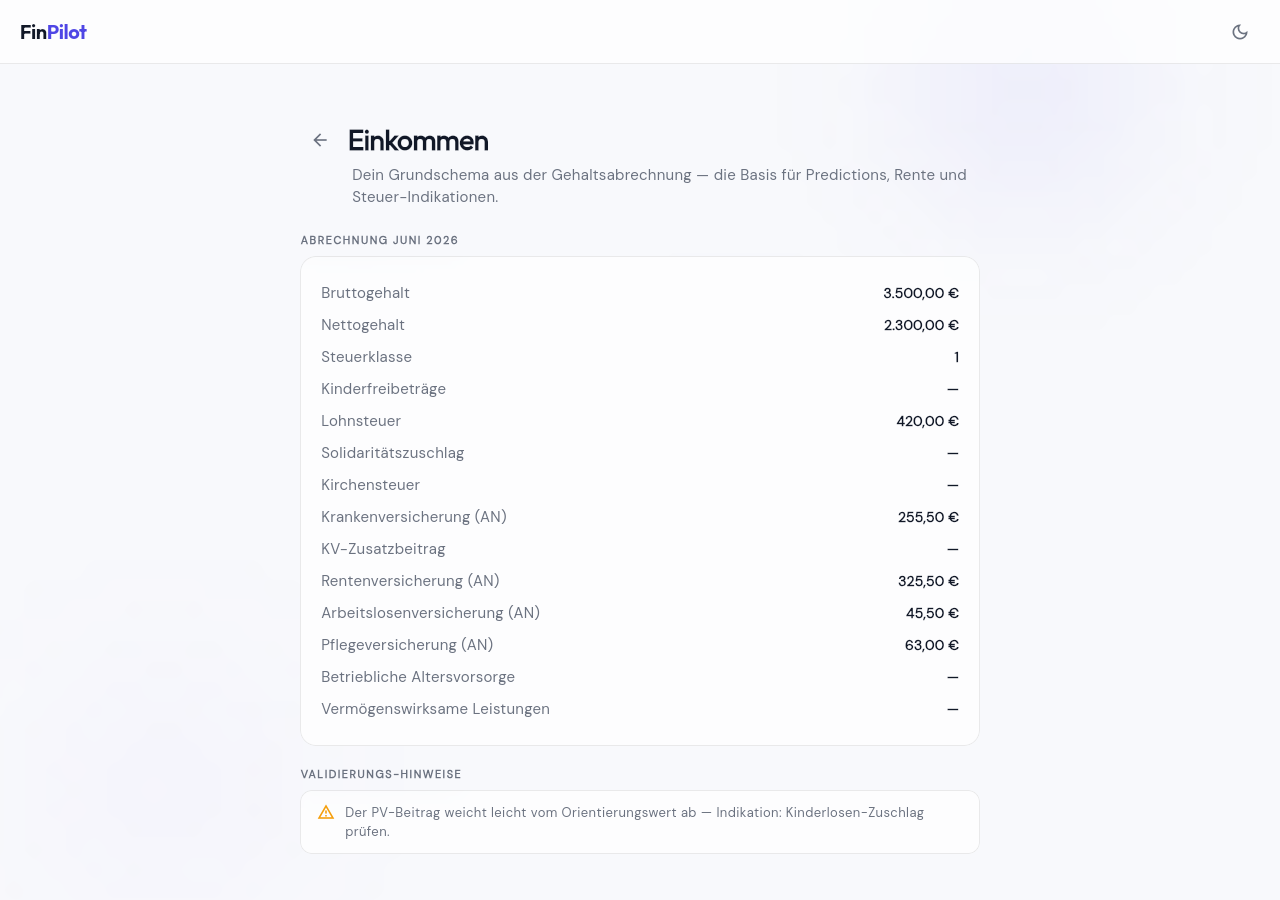 Einkommen-Ansicht mit Grundschema und Validierungs-Hinweisen